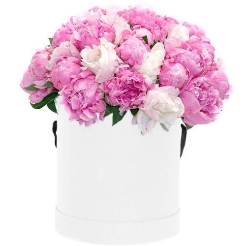 Цветы в шляпной коробке «Пионовая нежность»
